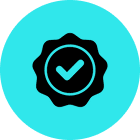 Blue checkmark badge on black background.