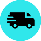Delivery truck icon on turquoise circle background.