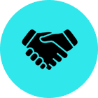 Handshake icon in blue circle background.